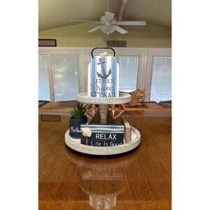 Vintage Wood Two Tiered Tray with Round Metal Handle，Easy to Assemble 2 Tier